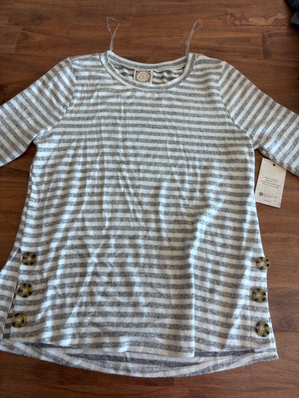 Striped Gray & White Long Sleeve Tunic with Side Button Detail